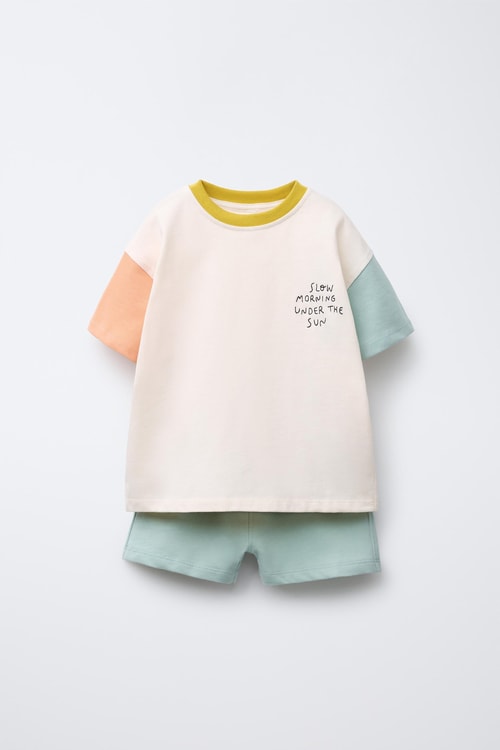 Çocuk Pamuklu Ekru Renk Bloklu T-Shirt ve Mint Şort Takım