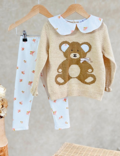 Triko Teddy Desenli Bebe Yaka Kazak Tayt Kız Çocuk Alt-Üst Takım