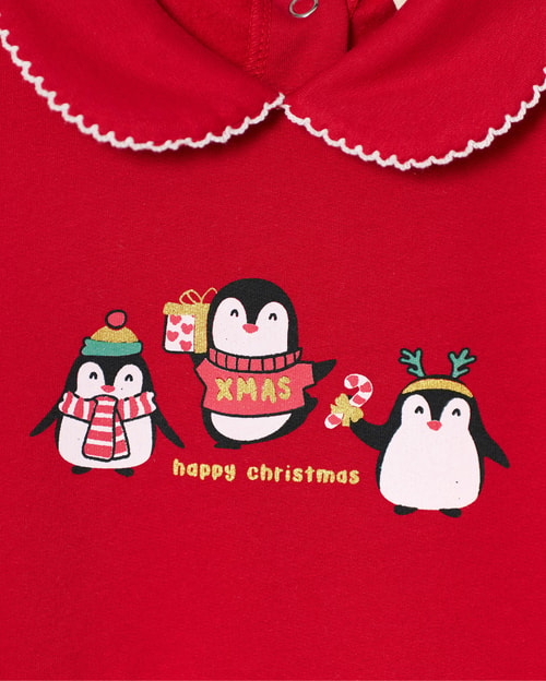 Kız Bebek Pamuklu Kırmızı Penguen Temalı Noel Tulum - Fırfırlı Tül Etek Detaylı