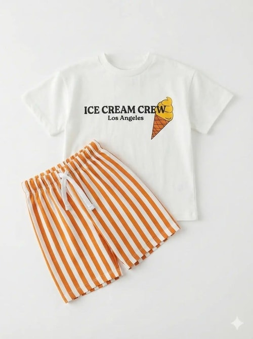 Unisex Çocuk Pamuklu Beyaz Dondurma Baskılı T-Shirt ve Çizgili Şort Takım - Yazlık