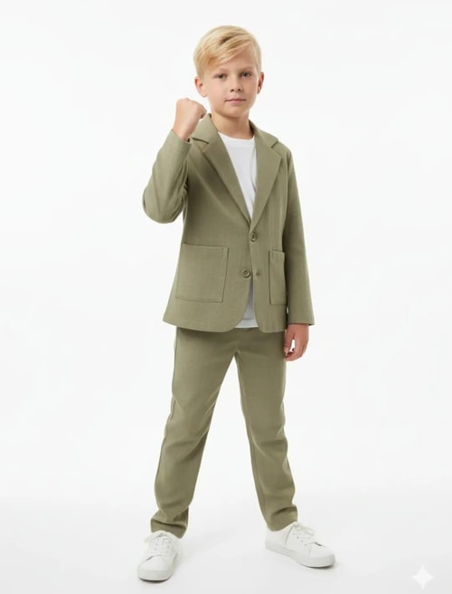 Erkek Çocuk Pamuklu Haki Blazer Takım – Ceket, Pantolon ve T-Shirt Dahil (3lü Set)