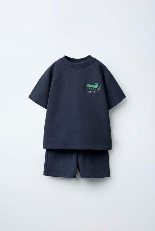 Unisex Çocuk Pamuklu Lacivert Timsah Nakışlı T-Shirt Şort Takım