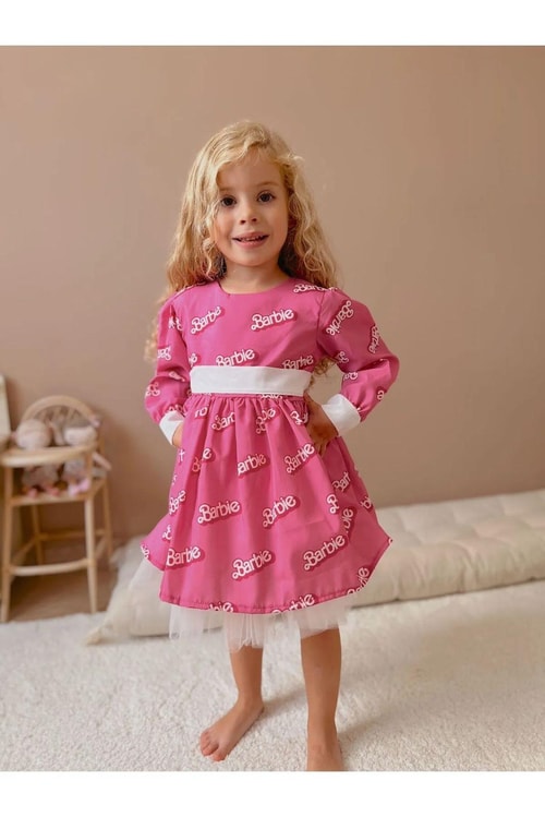 Pembe Barbie Desenli Astarlı Beyaz Fiyonklu Elbise