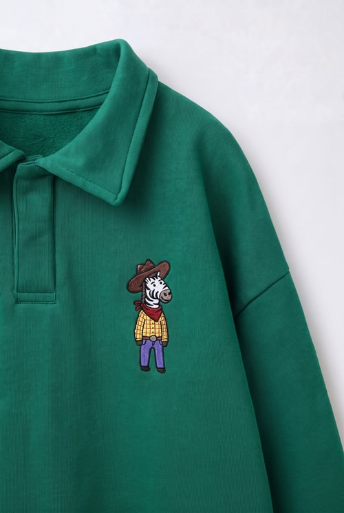 Çocuk Polo Yaka Yeşil Nakış Detaylı Sweatshirt