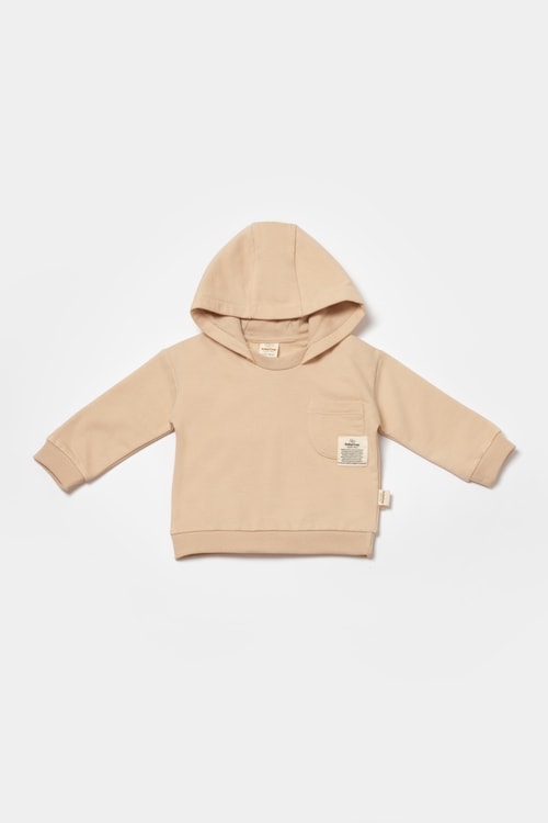 Unisex Bebek Pamuklu Bej Kapüşonlu Eşofman Takımı - Cep Detaylı Sweatshirt ve Alt