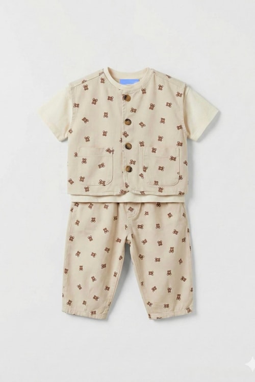 Unisex Çocuk Pamuklu Bej Ayıcık Desenli Düğmeli Cepli Yelek Pantolon Takım