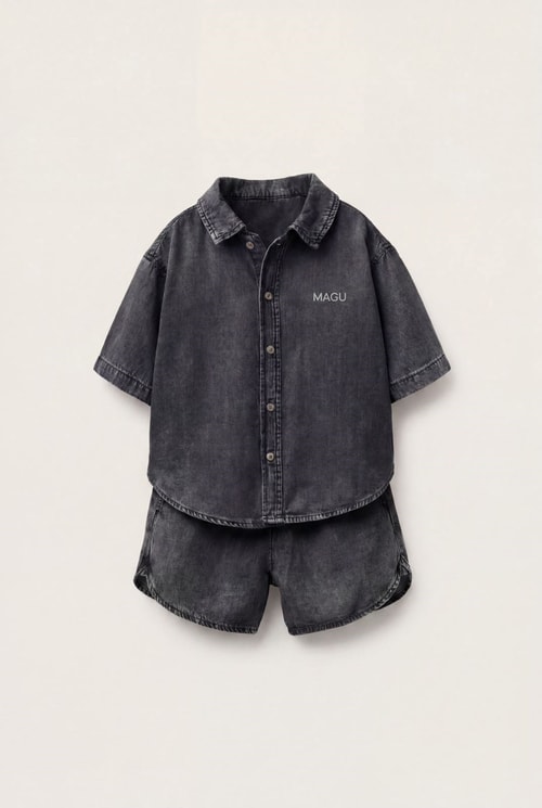 Çocuk Pamuklu Füme Yıkamalı Denim Oversize Gömlek Şort Takım