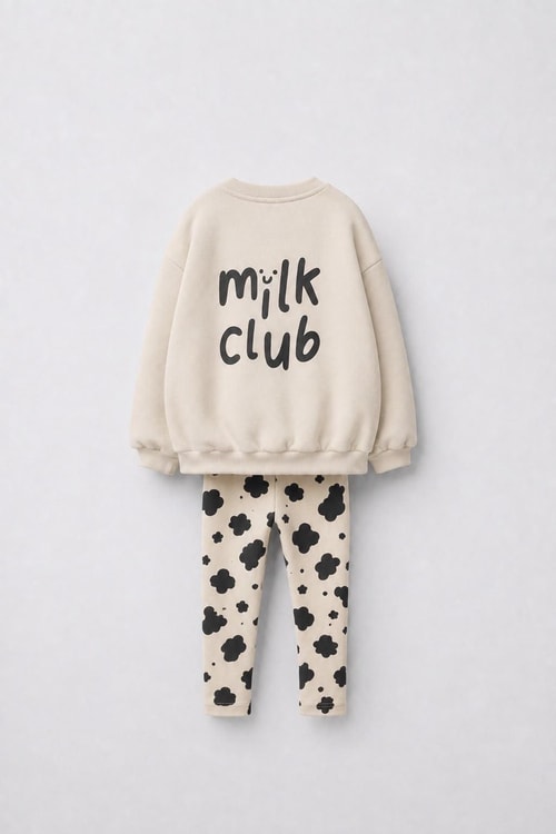 Kız Çocuk Pamuklu Milk Club Baskılı Ekru Sweatshirt ve Desenli Tayt Takımı