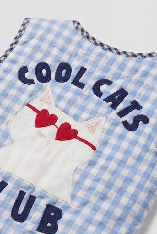 Unisex Çocuk Pamuklu Mavi Pötikare Kedi Aplikeli Kapitone Yelek - Cool Cats Club