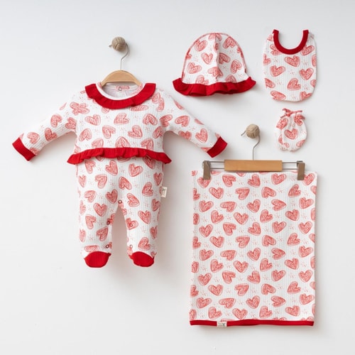 Kız Bebek Pamuklu Kalp Desenli 5 Parça Set