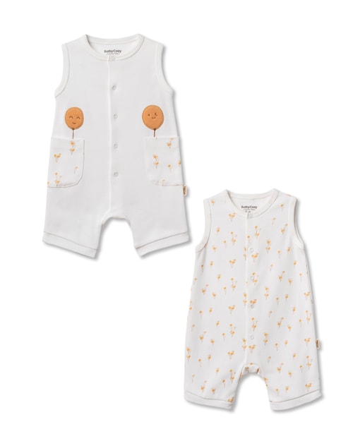 Unisex Bebek Pamuklu Ekru 2li Kolsuz Tulum Seti - Desenli ve Cepli