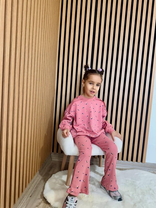 Kız Çocuk Pamuklu Gül Kurusu Mini Çiçek Desenli Sweatshirt & Flare Eşofman Takım