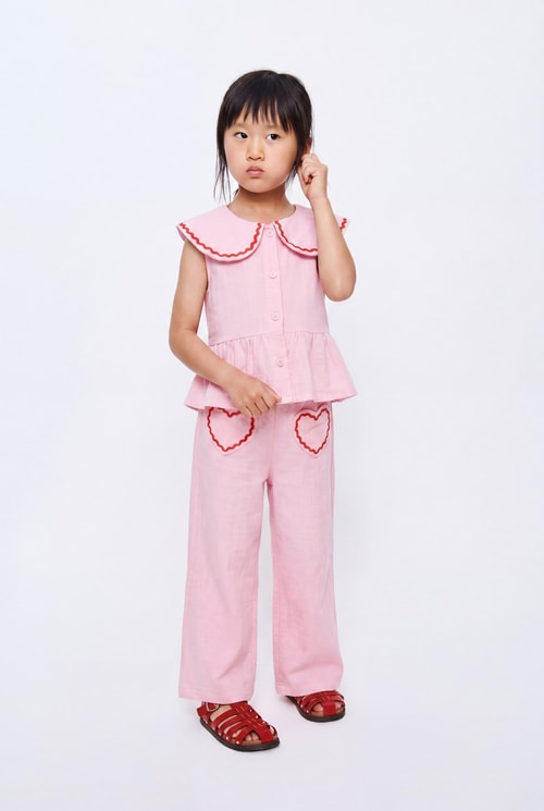 Kız Çocuk Pembe Kalp Pantolon Takım