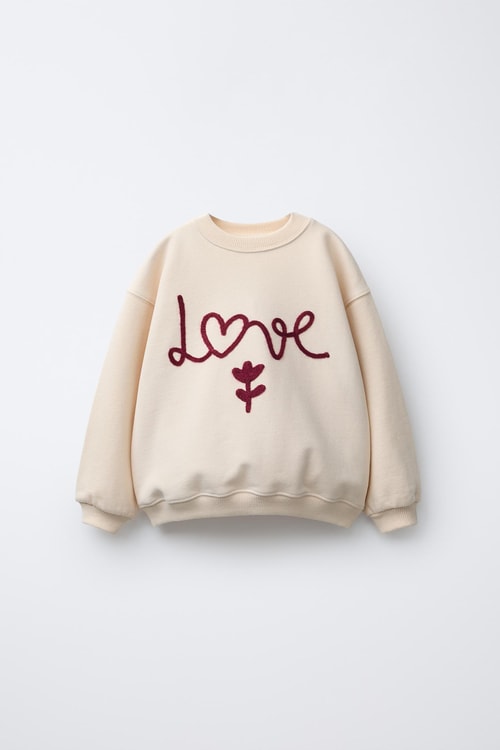 Kız Çocuk Pamuklu Krem Kalp-Çiçek Desenli Sweatshirt & Tayt Takım