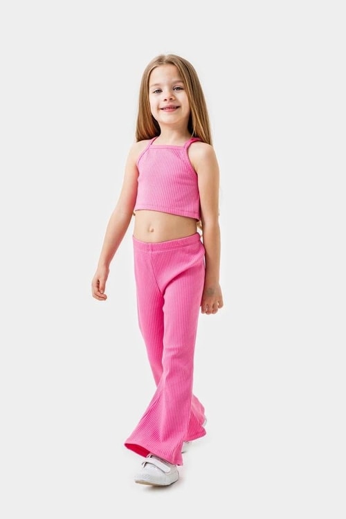 Kız Çocuk Pembe Fitilli Crop Tayt Takım