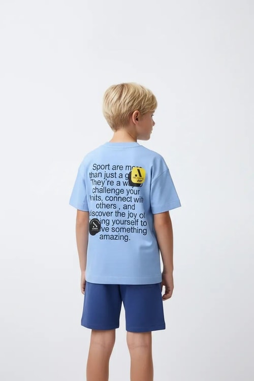 Erkek Çocuk Pamuklu Mavi Baskılı T-Shirt ve Şort Takım - Fermuar Cepli