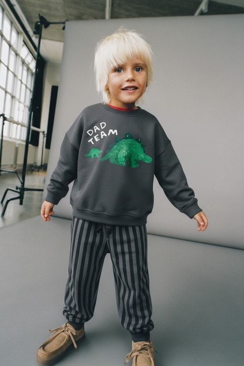 Erkek Çocuk Pamuklu Gri Sevimli Hayvancık Baskılı Sweatshirt - Dad Team Yazılı