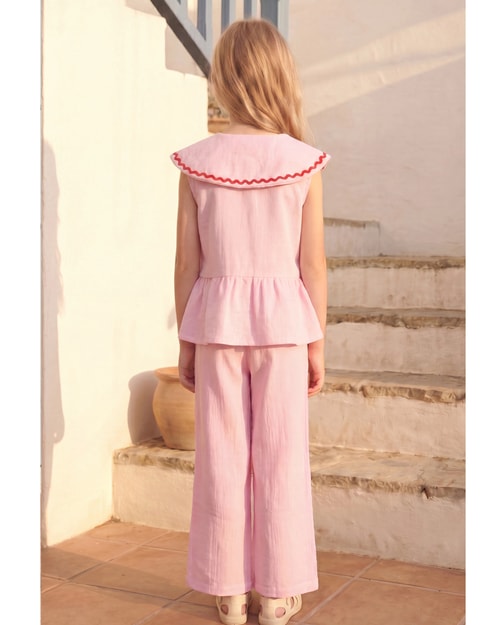 Kız Çocuk Pembe Bebe Yaka Kalp Cep Detaylı Bluz Pantolon Takım