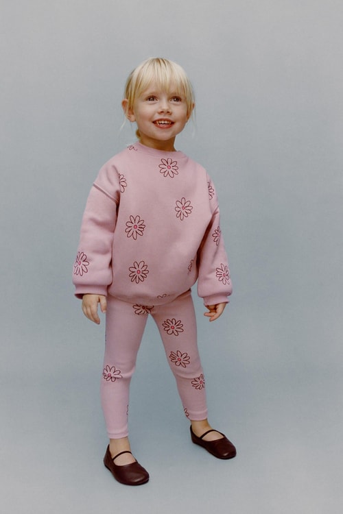 Kız Çocuk Pamuklu Pembe Çiçek Baskılı Sweatshirt Tayt Takım
