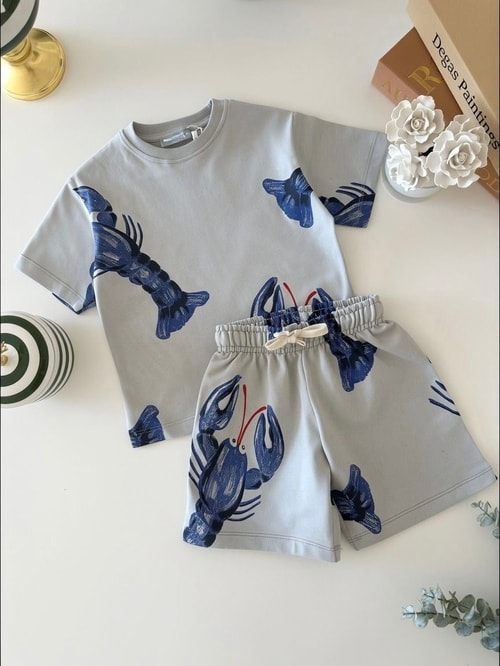 Erkek Çocuk Pamuklu Istakoz Desenli T-shirt Şort Takım