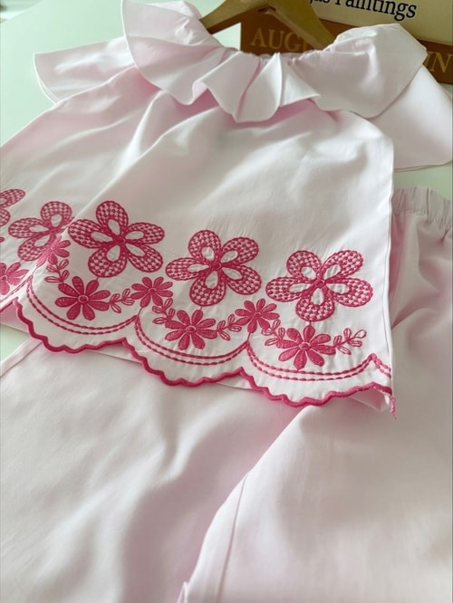 Kız Çocuk Pamuklu Pembe Nakış Detaylı Bluz Pantolon Takım