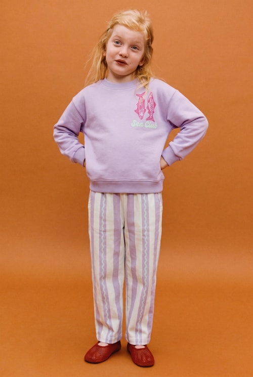 Kız Çocuk Pamuklu Balık Baskılı Lila Sweatshirt ve Çizgili Pantolon Takımı