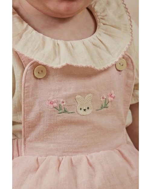 Kız Bebek Pamuklu Pudra Tavşan Nakışlı Elbise