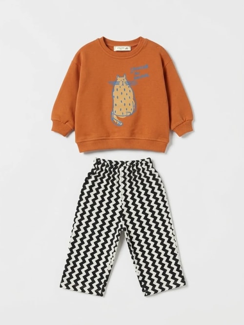  Çocuk Pamuklu Kedi Baskılı Turuncu Sweatshirt ve Eşofman Takımı