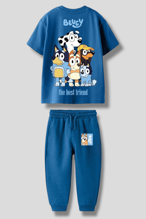 Erkek Çocuk Pamuklu Mavi Karakter Baskılı T-Shirt Jogger Pantolon Takım