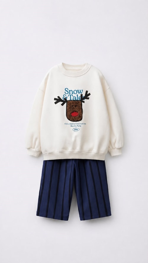 Erkek Çocuk Pamuklu Geyik Aplikeli Sweatshirt ve Çizgili Eşofman Takımı