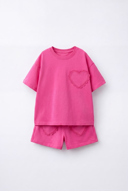 Kız Çocuk Pamuklu Pembe Kalp Cepli T-shirt Şort Takım
