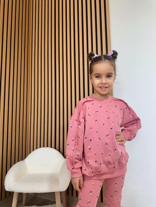Kız Çocuk Pamuklu Gül Kurusu Mini Çiçek Desenli Sweatshirt & Flare Eşofman Takım