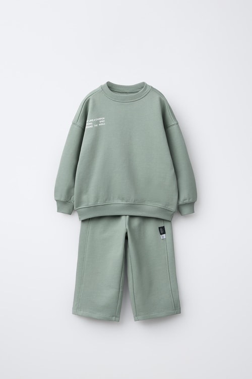 Çocuk Pamuklu Yeşili Sweatshirt ve Bol Paça Eşofman Takımı