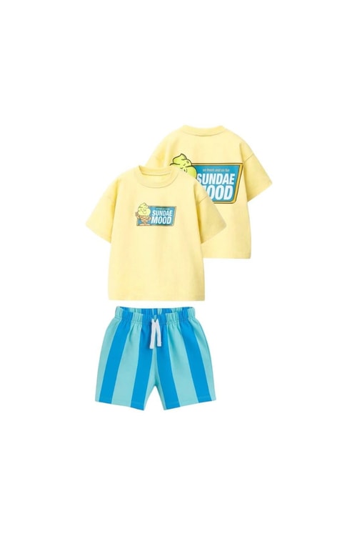 Erkek Çocuk Pamuklu Sarı Baskılı T-Shirtli Şort Takım