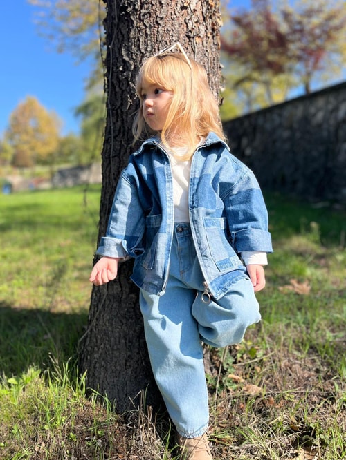 Unisex Çocuk Pamuklu Mavi Kare Desenli Fermuarlı Denim Ceket – Şık Günlük Tarz