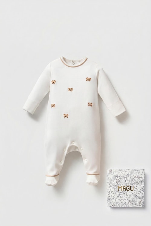 Unisex Bebek Pamuklu Ekru Nakışlı Tulum - Uzun Kollu Çıtçıtlı