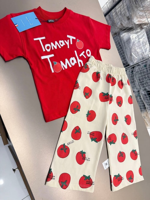 Kız Çocuk Pamuklu Kırmızı Domates Baskılı T-shirt Eşofman Takım