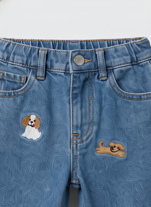 Erkek Çocuk Pamuklu Mavi Kot Pantolon – Köpek Nakışlı