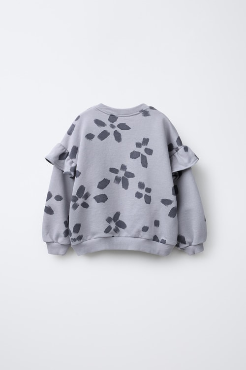 Kız Çocuk Pamuklu Gri Çiçek Desenli Sweatshirt ve Tayt Takım - Rahat Kesim, Fırfır Detaylı