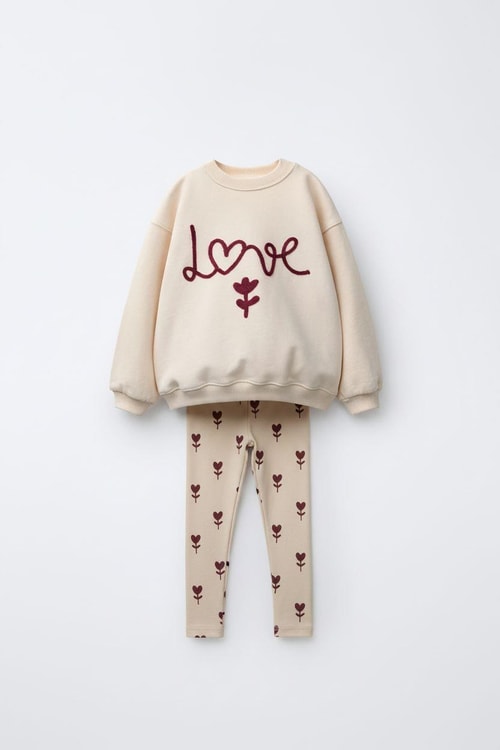 Kız Çocuk Pamuklu Krem Kalp-Çiçek Desenli Sweatshirt & Tayt Takım