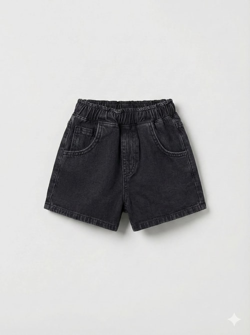 Unisex Çocuk Pamuklu Siyah Jean Şort - Elastik Belli Cepli