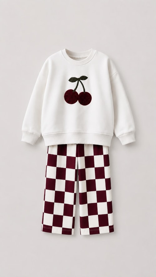 Kız Çocuk Kiraz Nakışlı Ekru Sweatshirt ve Dama Desenli Eşofman Takımı