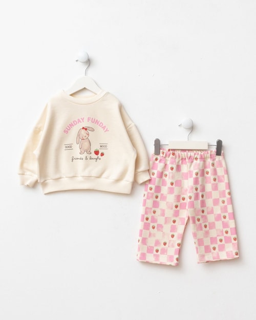 Kız Çocuk Tavşan Baskılı Sweatshirt ve Çilek Desenli Kareli Eşofman Takımı