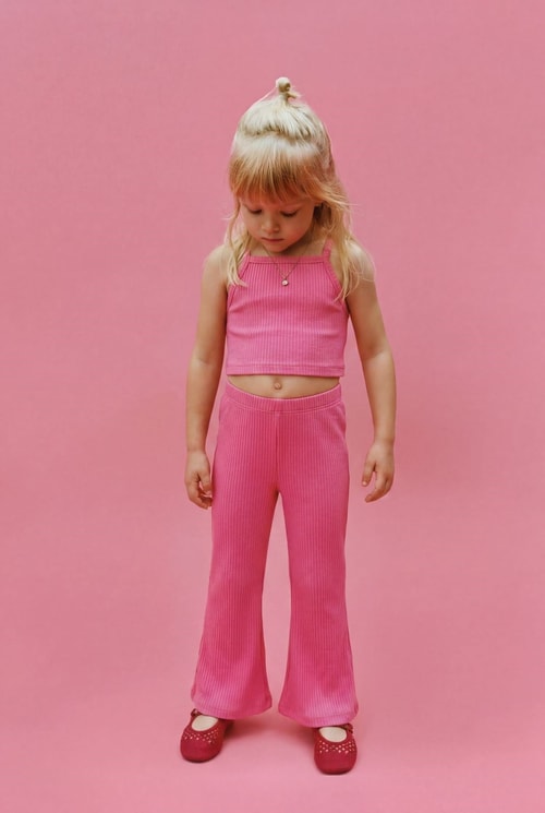 Kız Çocuk Pembe Fitilli Crop Tayt Takım