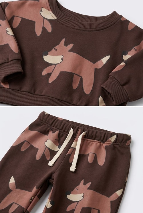 Çocuk Pamuklu Tilki Desenli Kahverengi Sweatshirt ve Eşofman Altı Takımı