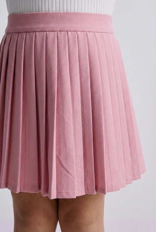 Kız Çocuk Pamuklu Ekru Yelekli T-Shirt ve Pembe Pileli Etek Takım