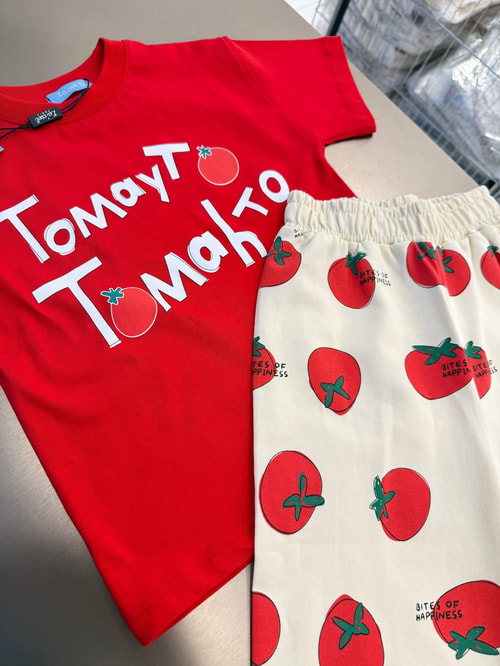 Kız Çocuk Pamuklu Kırmızı Domates Baskılı T-shirt Eşofman Takım