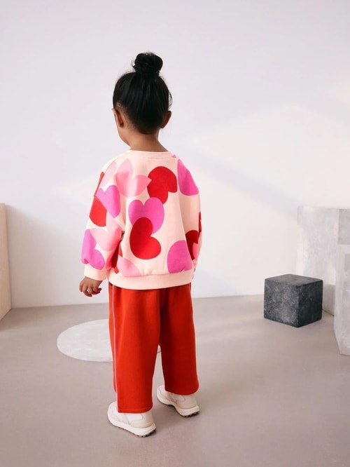 Kız Çocuk Pamuklu Kalp Desenli Sweatshirt ve Kırmızı Eşofman Takım