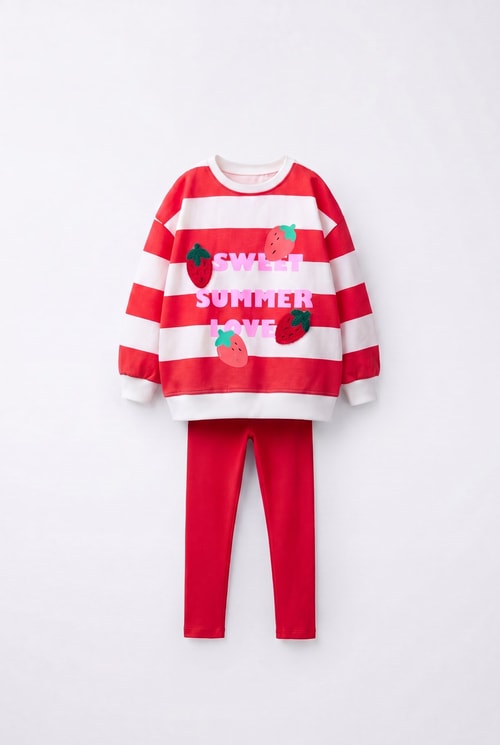 Kız Çocuk Pamuklu Çilek Baskılı Kırmızı Çizgili Sweatshirt ve Tayt Takımı