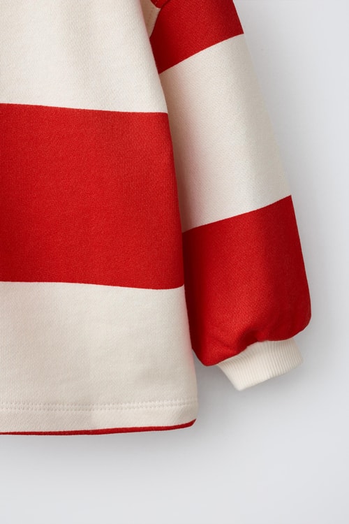 Çocuk Pamuklu Balina Nakışlı Kırmızı Ekru Çizgili Polo Yaka Sweatshirt
